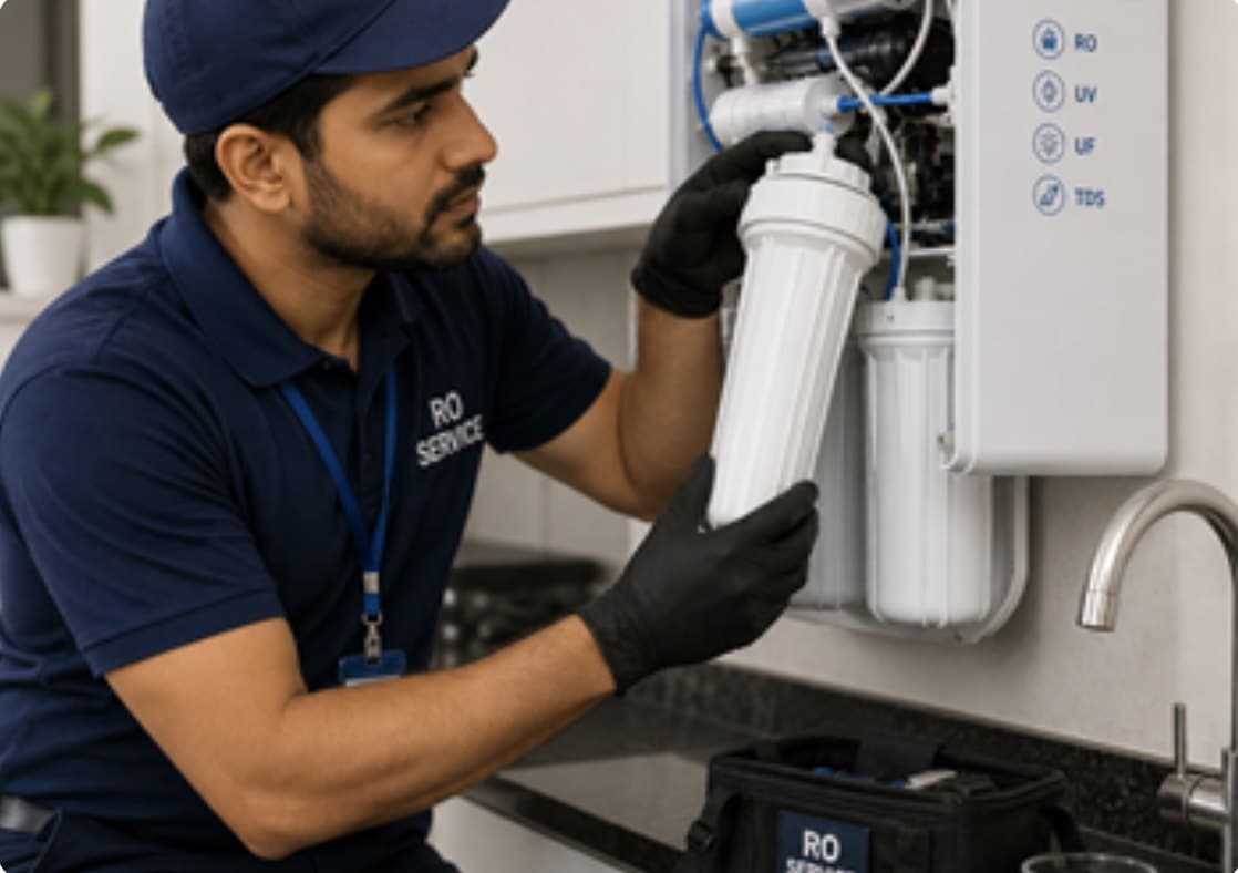 Technician repairing an RO water purifier in Pune